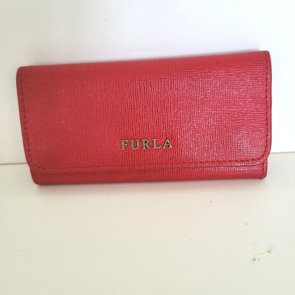 Furla Wallet Key Case Hooks Holder Red Trifold Saffiano Leather Logo Large